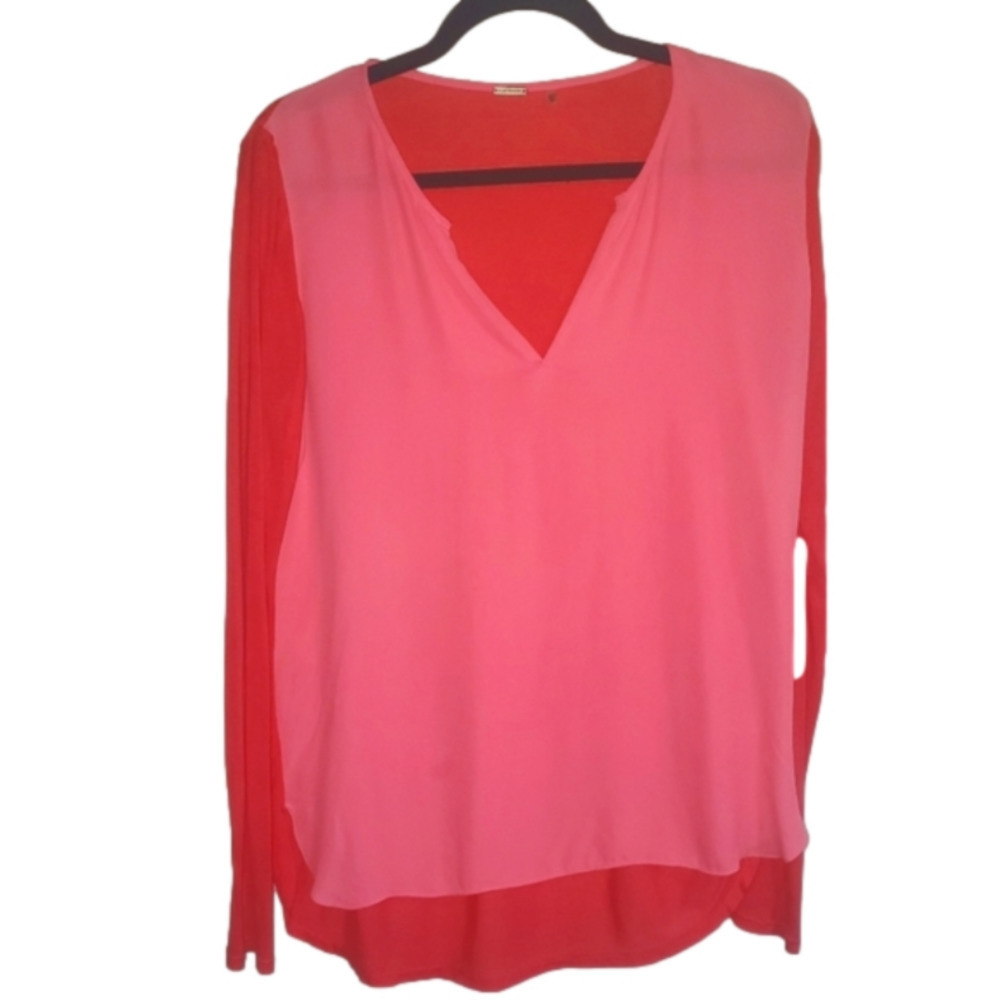 Elie Tahari medium Silk Two Toned Pink blouse sheer longsleeve relaxed fit Vneck